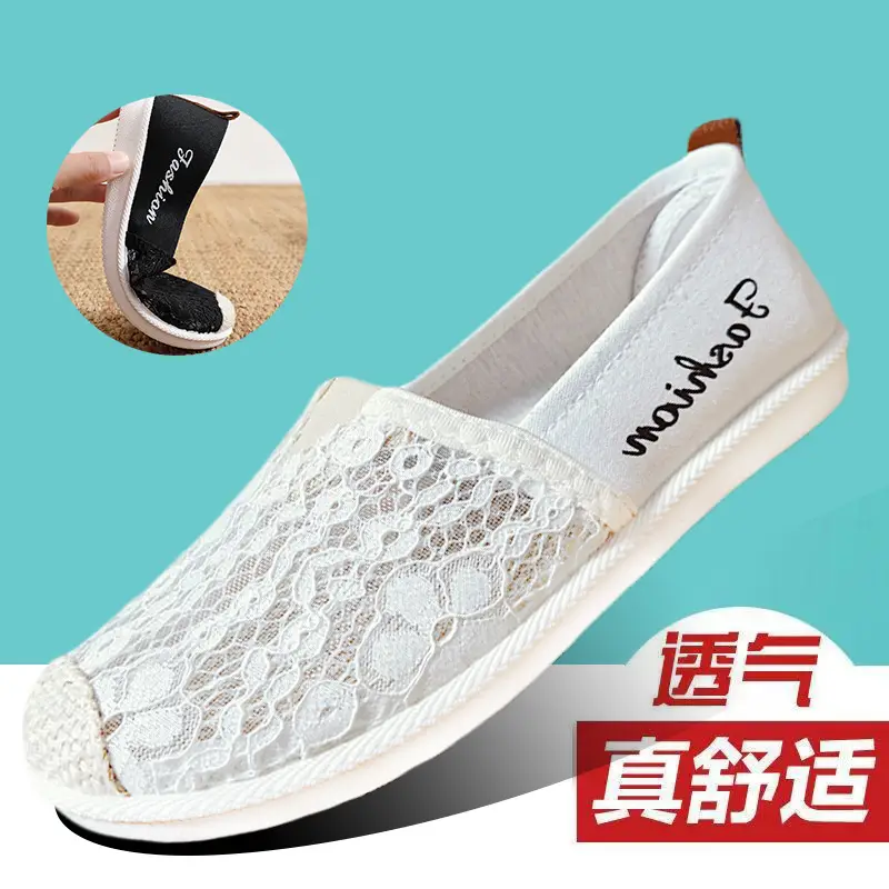 Women's Black Lace Slip-On Flat Shoes Summer