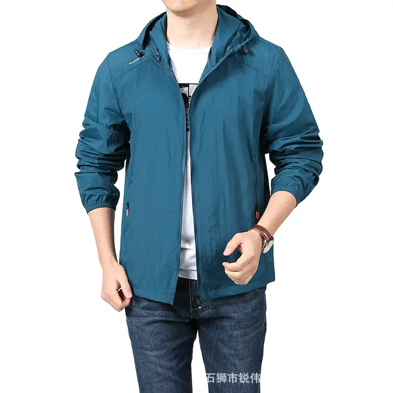 Men Blue Hooded Sunproof Jacket Ultra-Thin