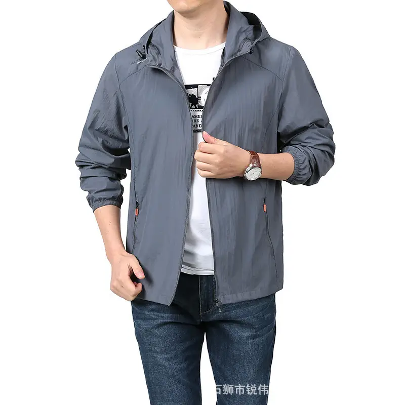 Men Blue Hooded Sunproof Jacket Ultra-Thin