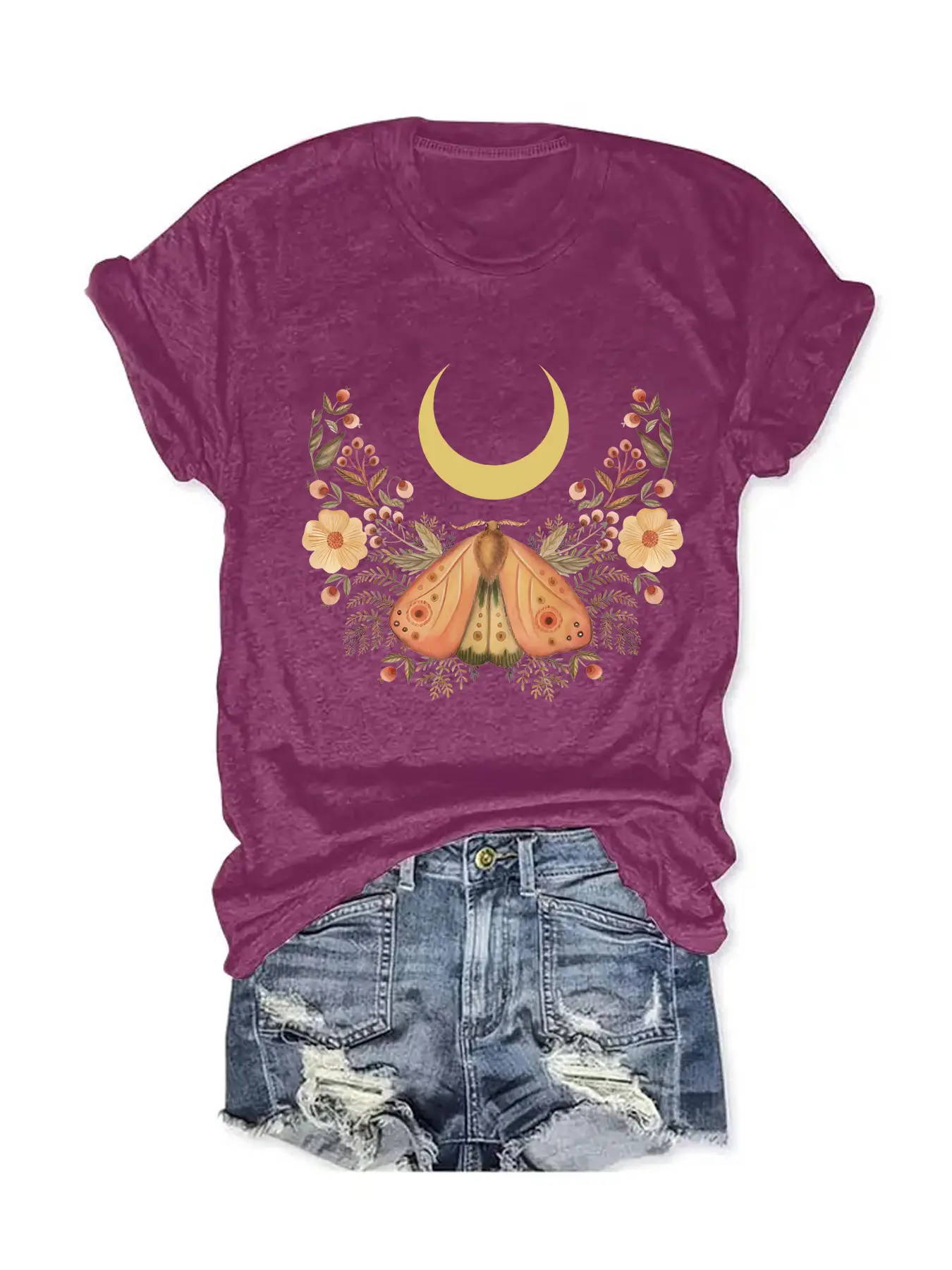 Women's Butterfly Moon Print T-Shirt Dark Grey Casual Summer - Image 3
