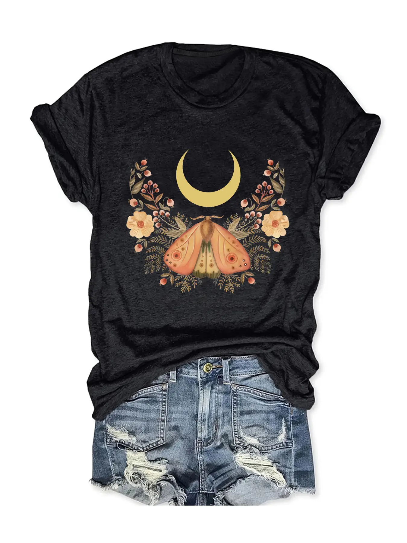 Women's Butterfly Moon Print T-Shirt Dark Grey Casual Summer - Image 2