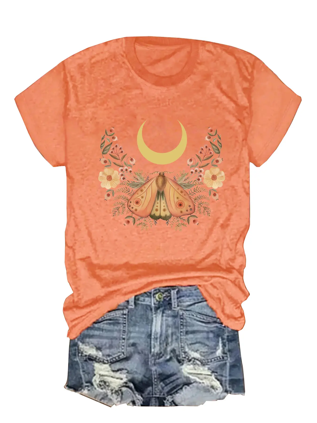 Women's Butterfly Moon Print T-Shirt Dark Grey Casual Summer - Image 4