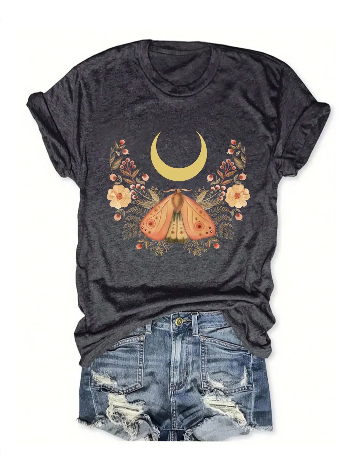 Women's Butterfly Moon Print T-Shirt Dark Grey Casual Summer - Image 5