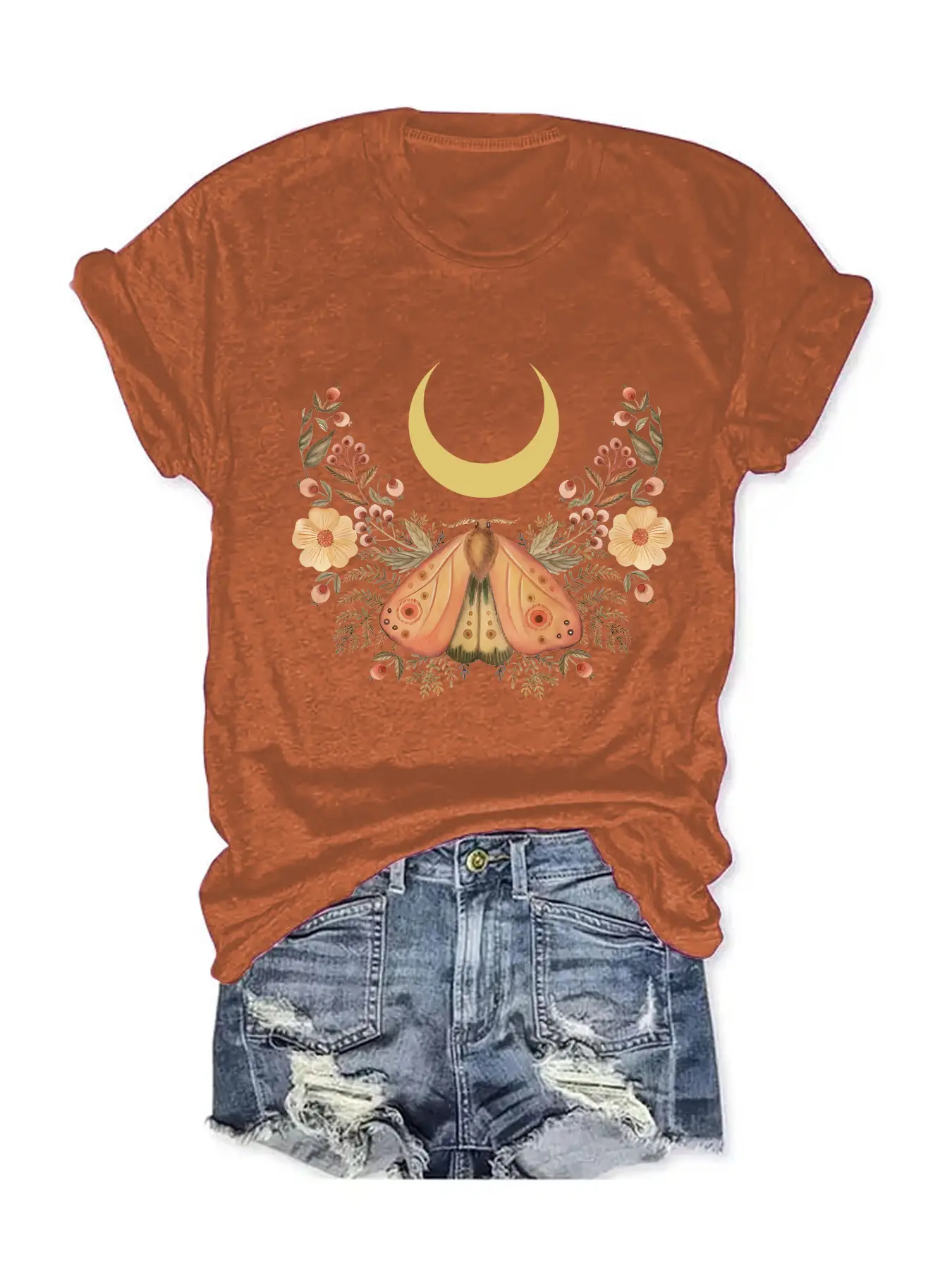 Women's Butterfly Moon Print T-Shirt Dark Grey Casual Summer - Image 6