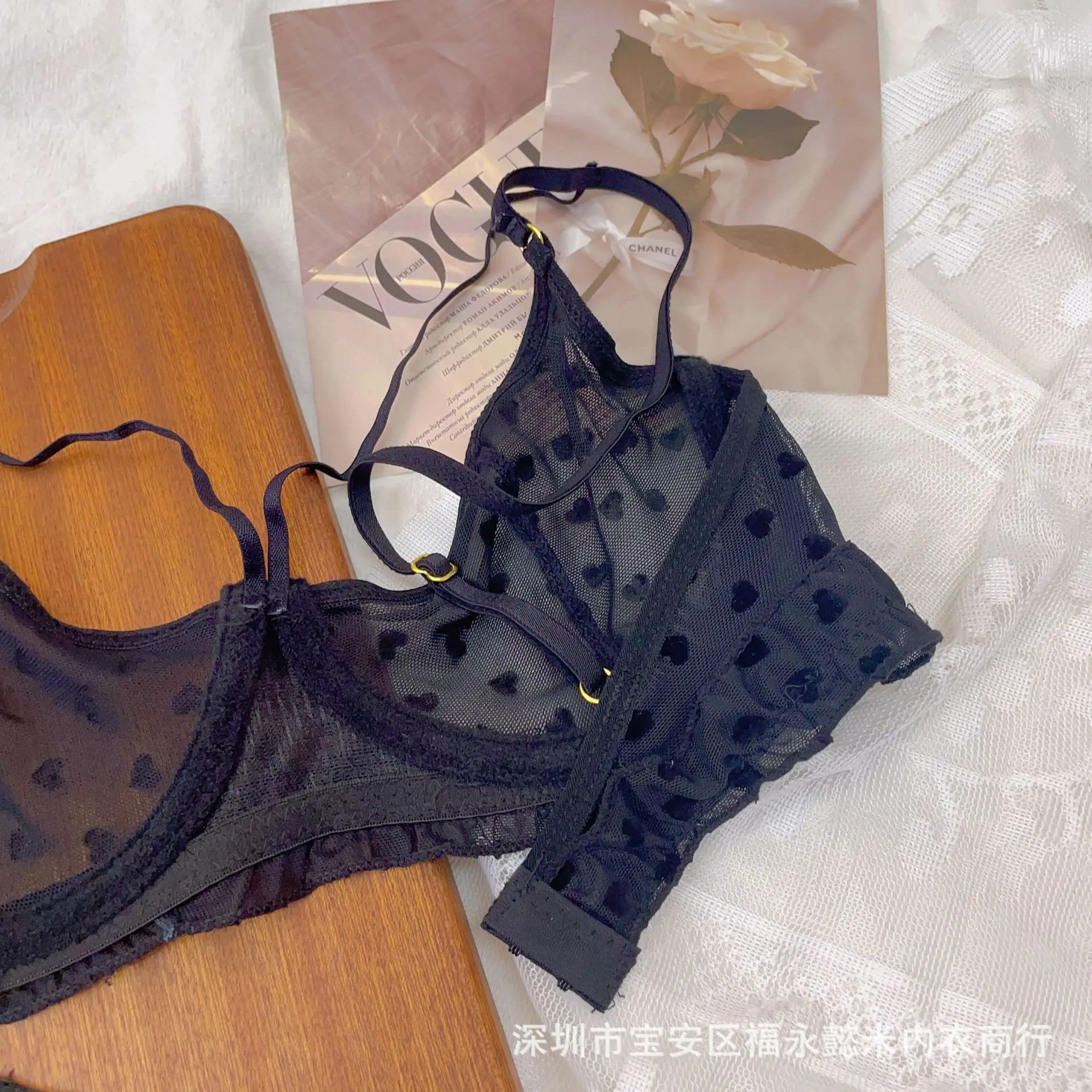 French Lace Bra Blue Transparent Steel Ring Top — feature 4