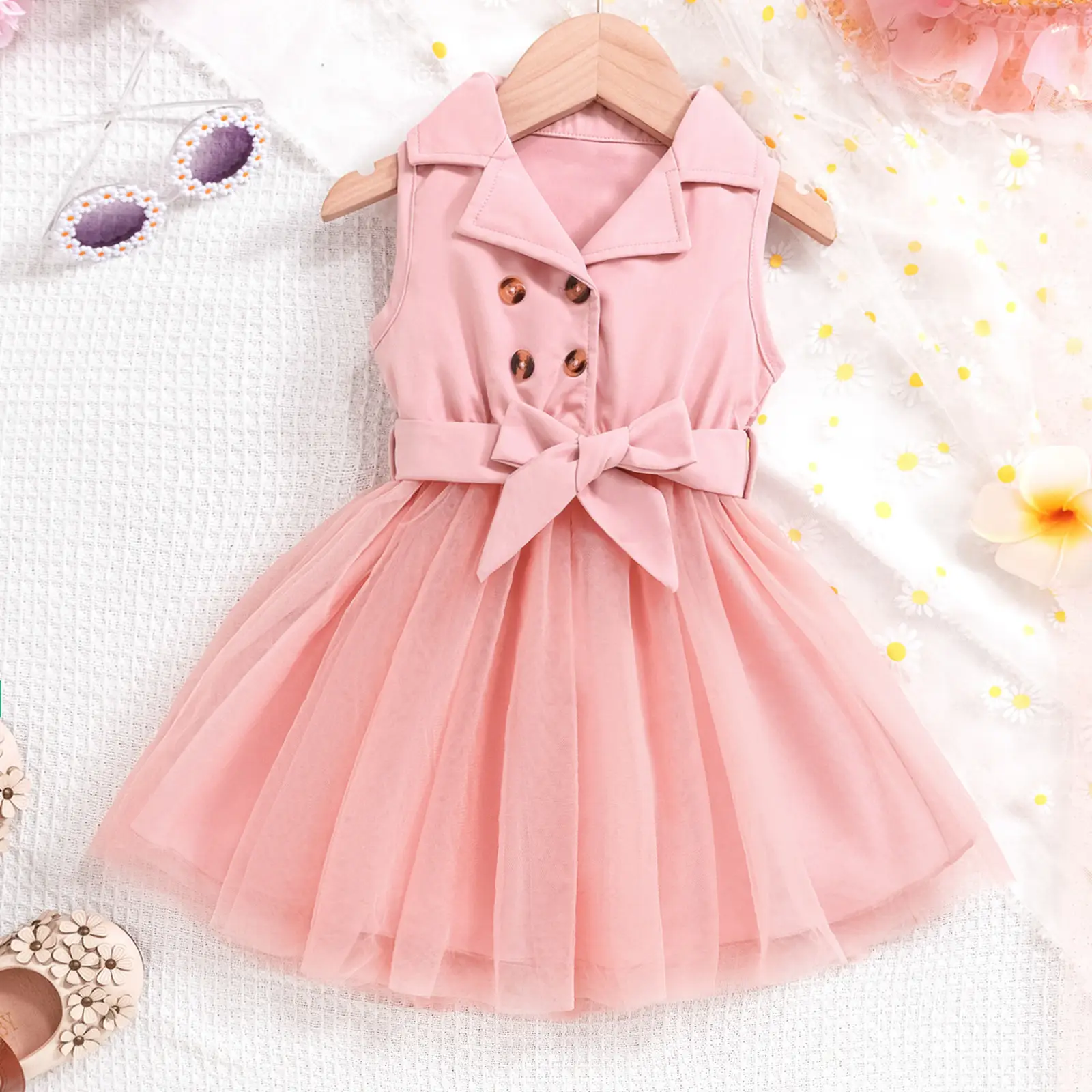 Girls Sleeveless Mesh Dress Beige Belted Lap Stitching