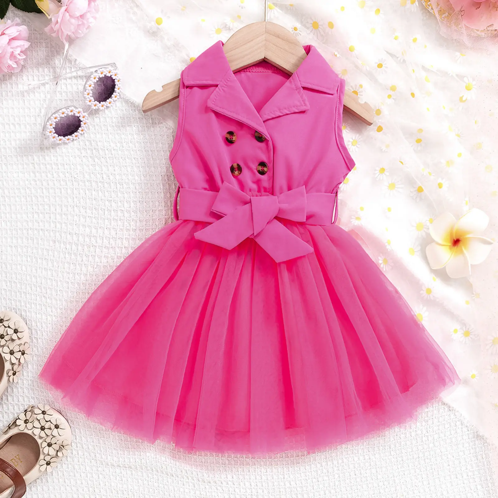 Girls Sleeveless Mesh Dress Beige Belted Lap Stitching