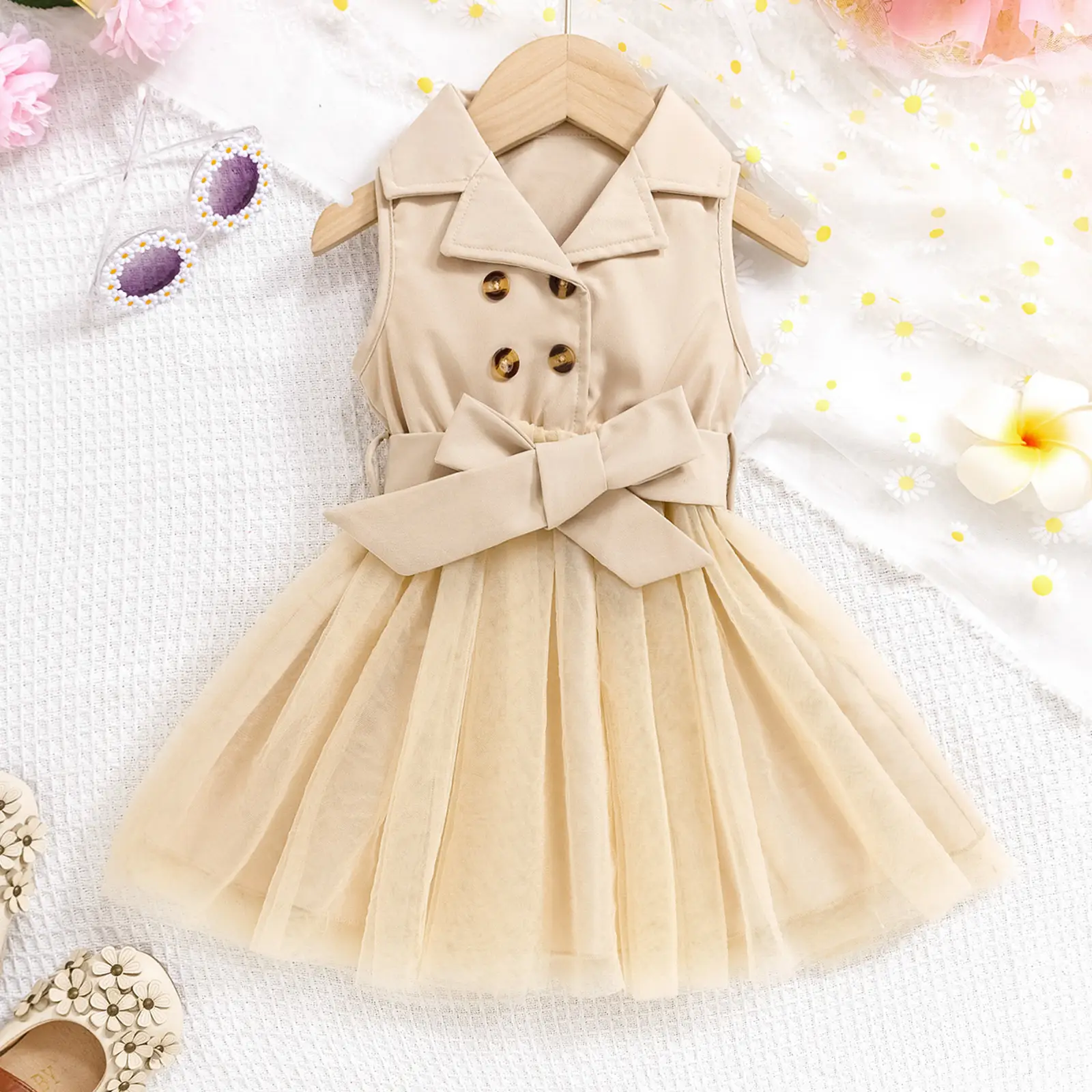 Girls Sleeveless Mesh Dress Beige Belted Lap Stitching