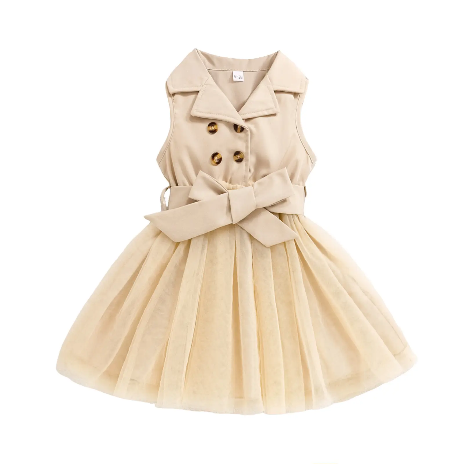 Girls Sleeveless Mesh Dress Beige Belted Lap Stitching