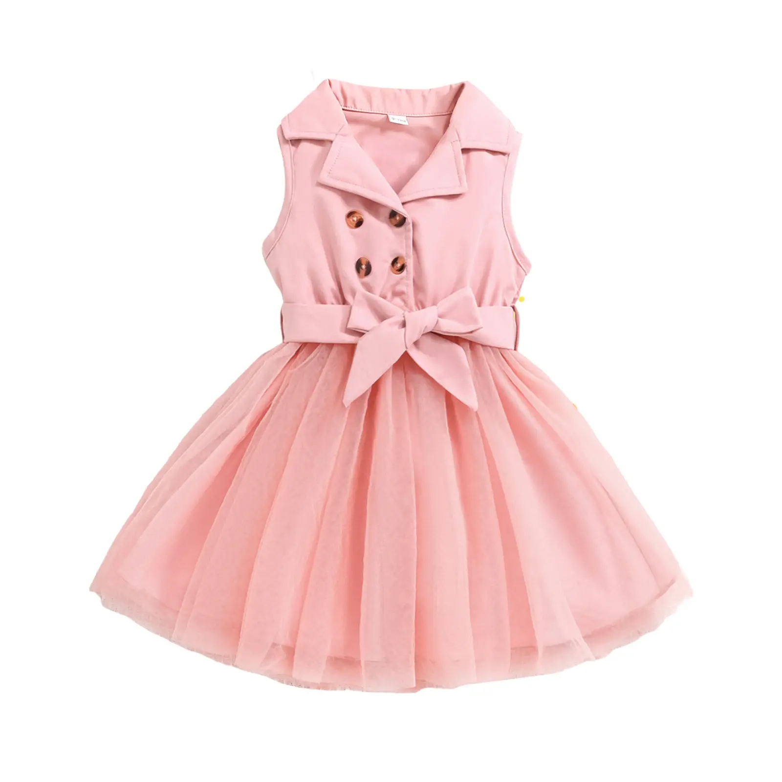 Girls Sleeveless Mesh Dress Beige Belted Lap Stitching