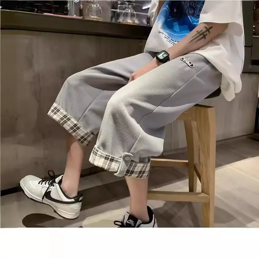 Men Grey Plaid Cuffed Shorts Basketball Plus Size