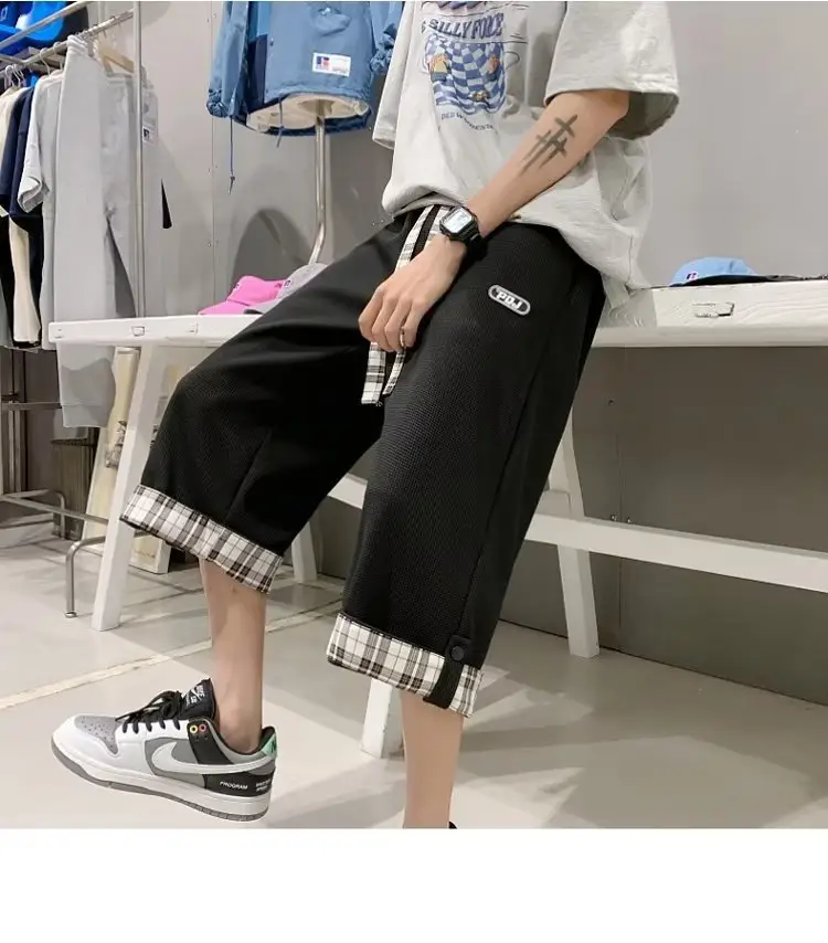 Men Grey Plaid Cuffed Shorts Basketball Plus Size — feature 2