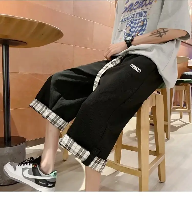 Men Grey Plaid Cuffed Shorts Basketball Plus Size