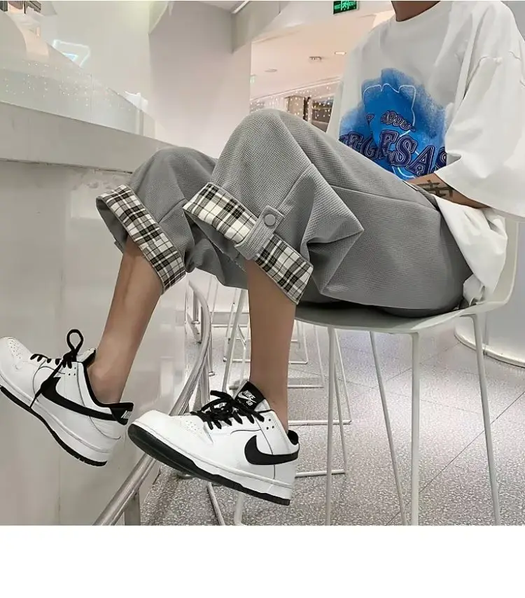 Men Grey Plaid Cuffed Shorts Basketball Plus Size