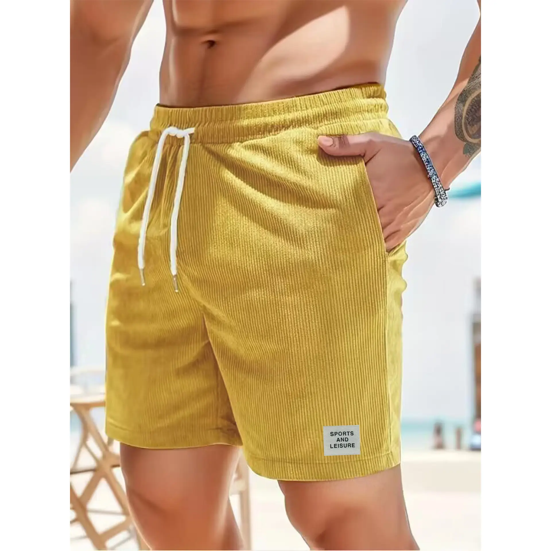 Men's Beige Lace-up Shorts with Drawstring Waist