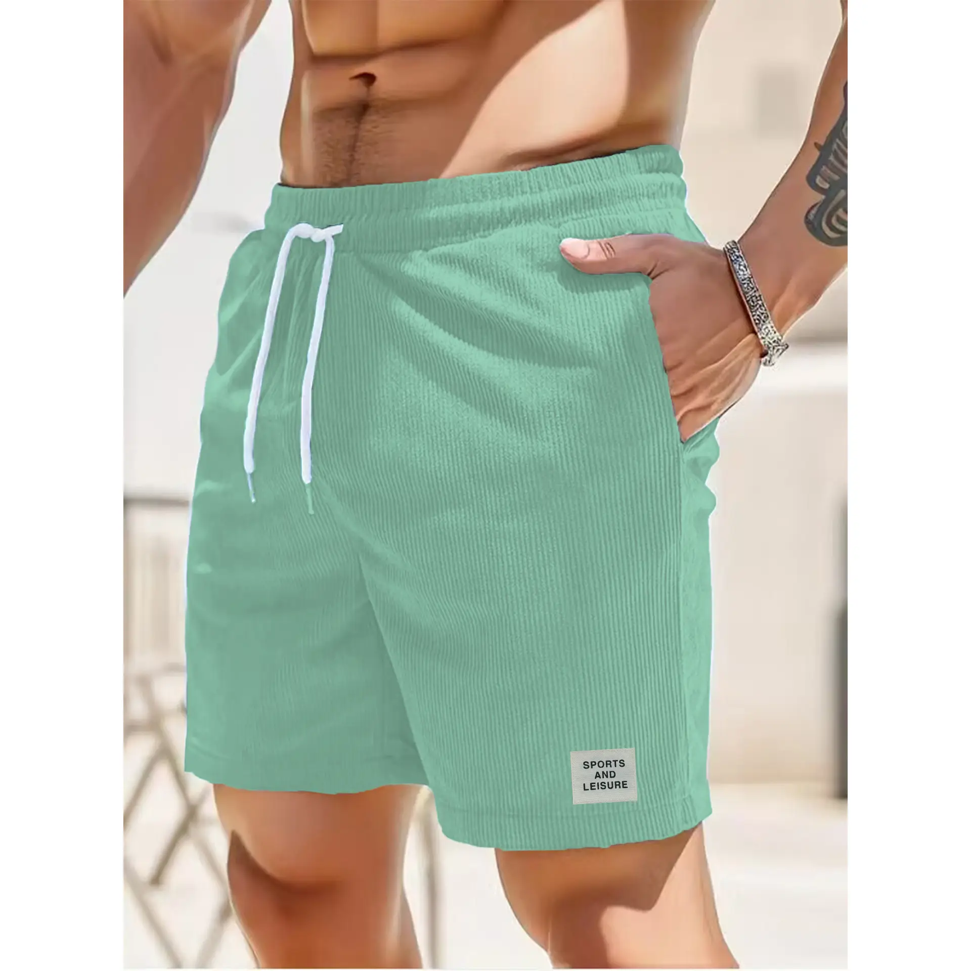 Men's Beige Lace-up Shorts with Drawstring Waist