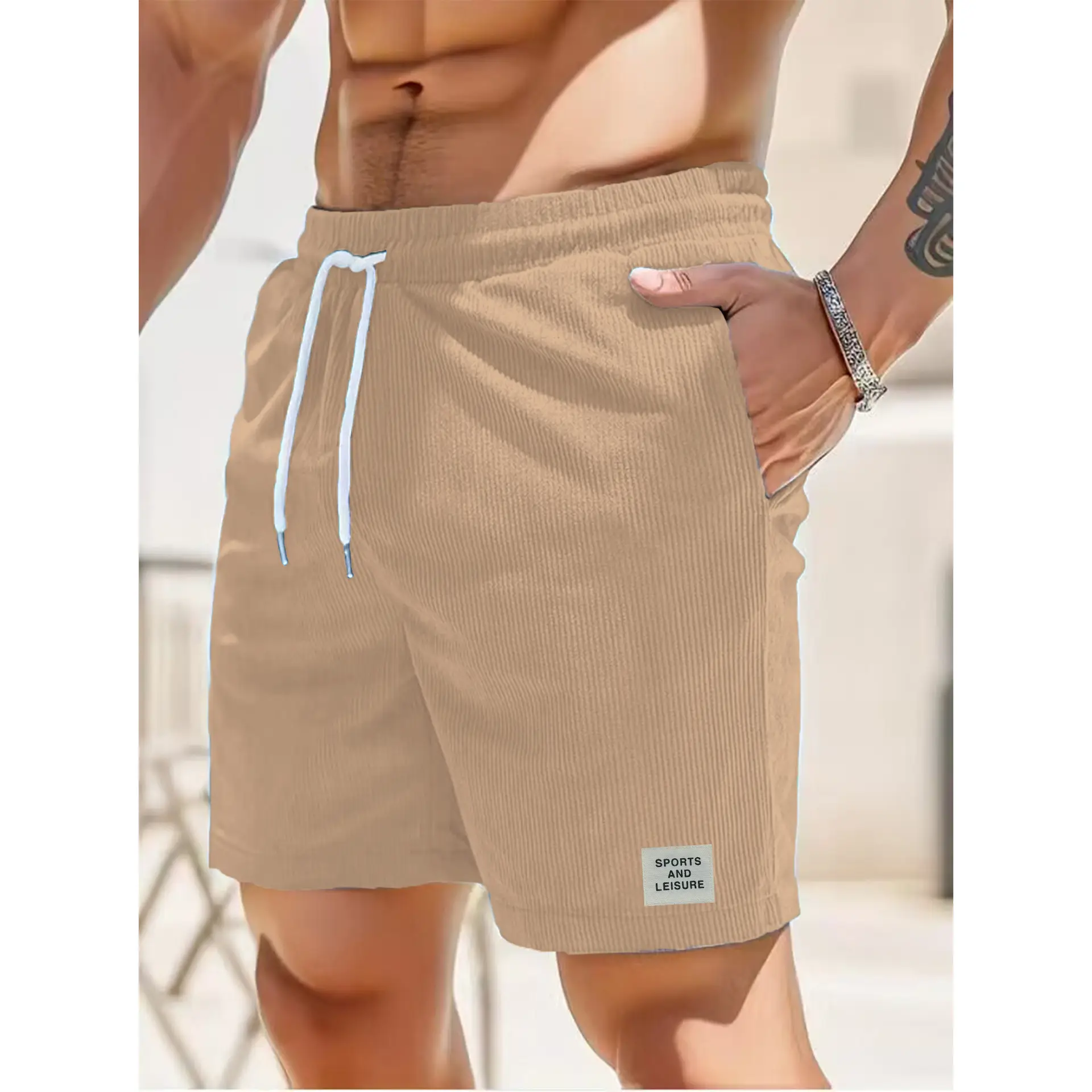 Men's Beige Lace-up Shorts with Drawstring Waist