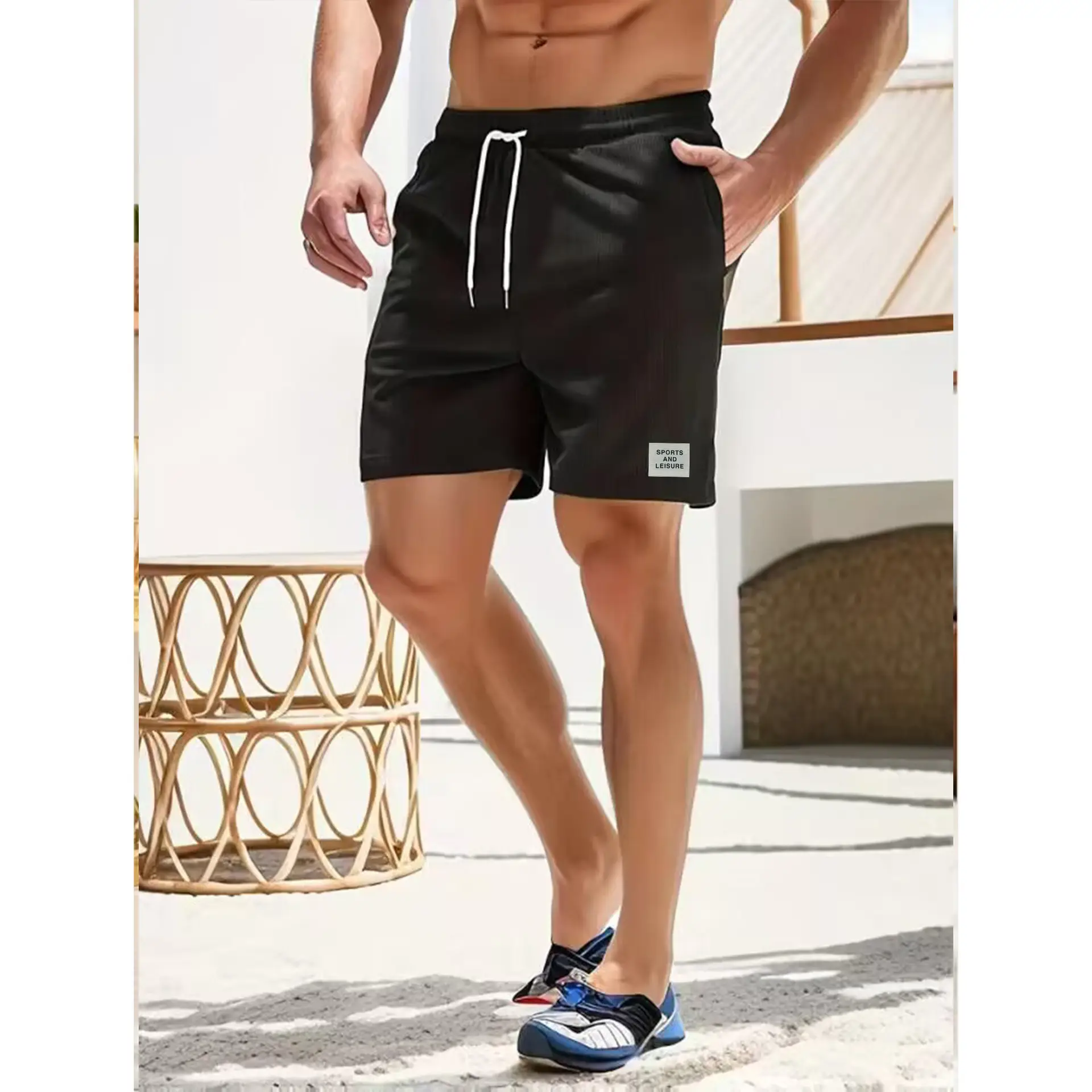 Men's Beige Lace-up Shorts with Drawstring Waist — feature 10