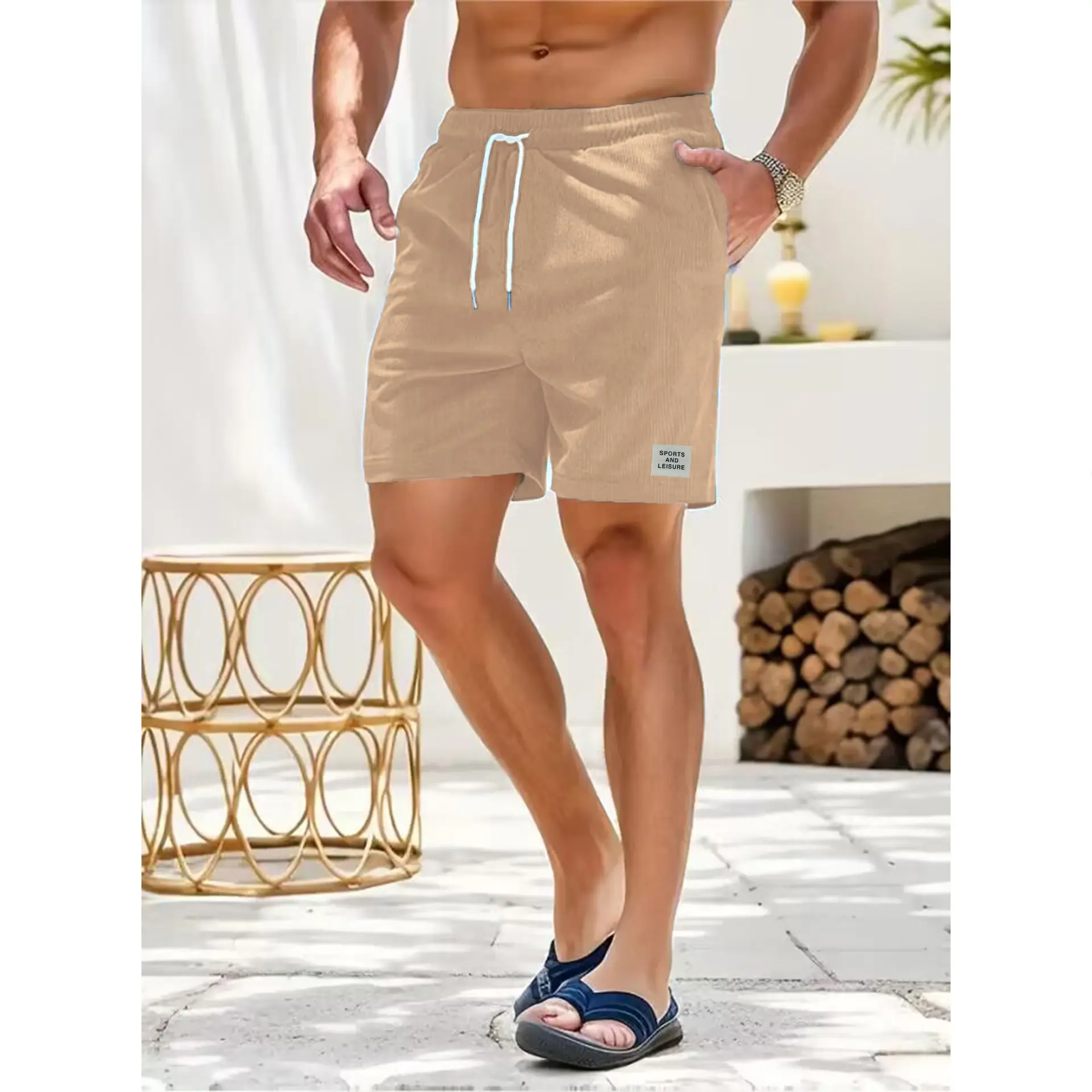 Men's Beige Lace-up Shorts with Drawstring Waist — feature 18
