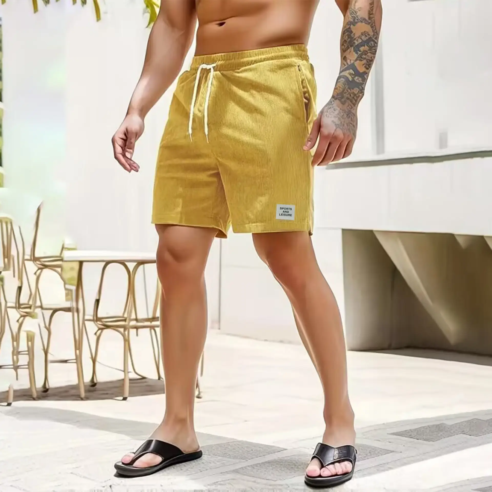 Men's Beige Lace-up Shorts with Drawstring Waist — feature 23