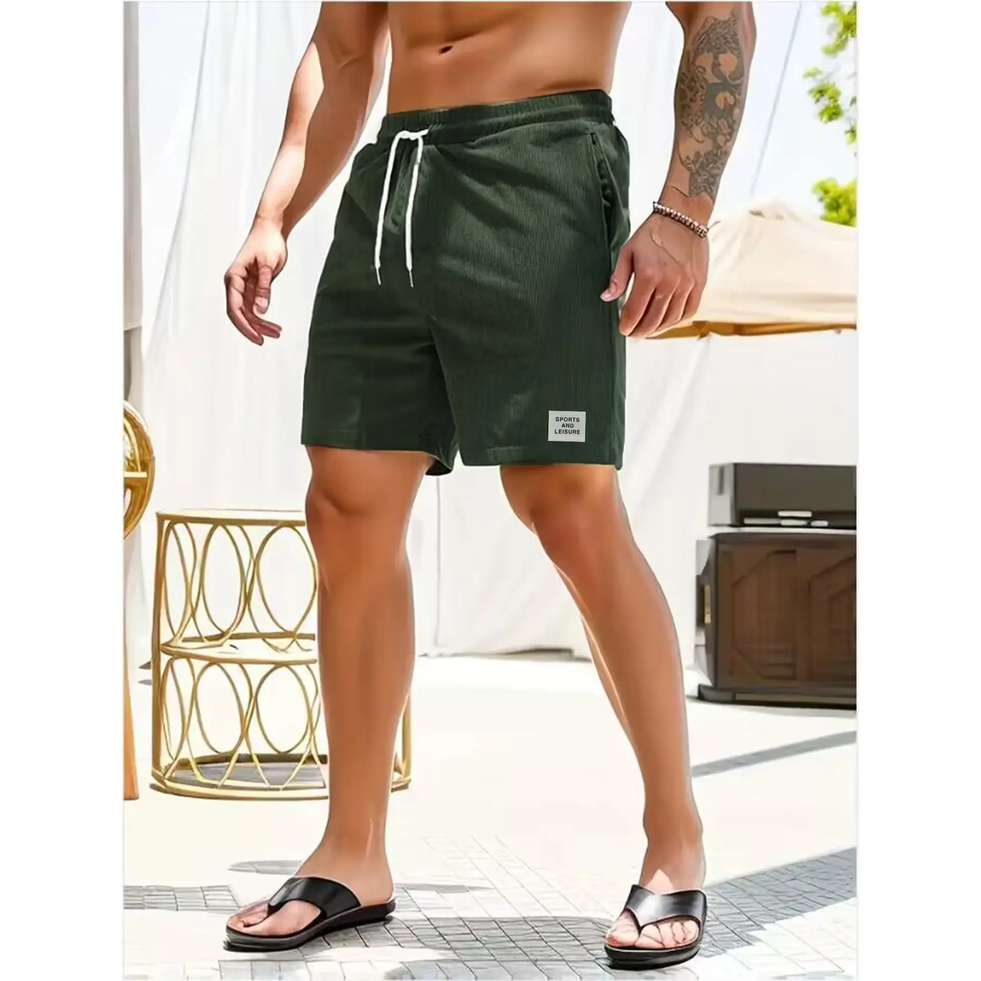 Men's Beige Lace-up Shorts with Drawstring Waist — feature 29