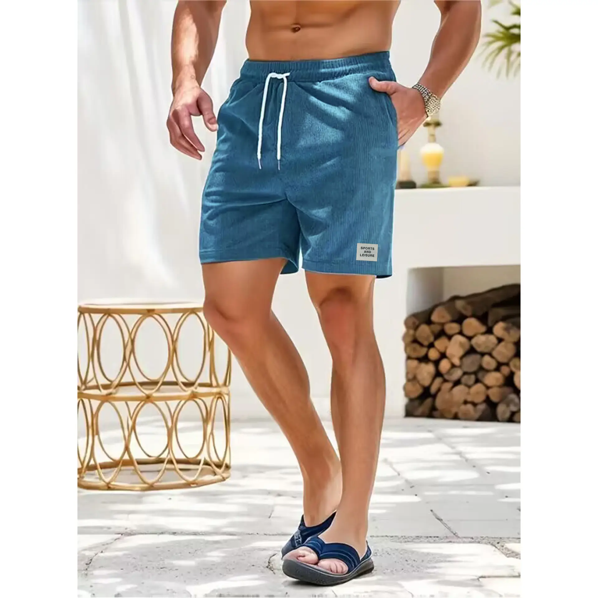 Men's Beige Lace-up Shorts with Drawstring Waist — feature 35