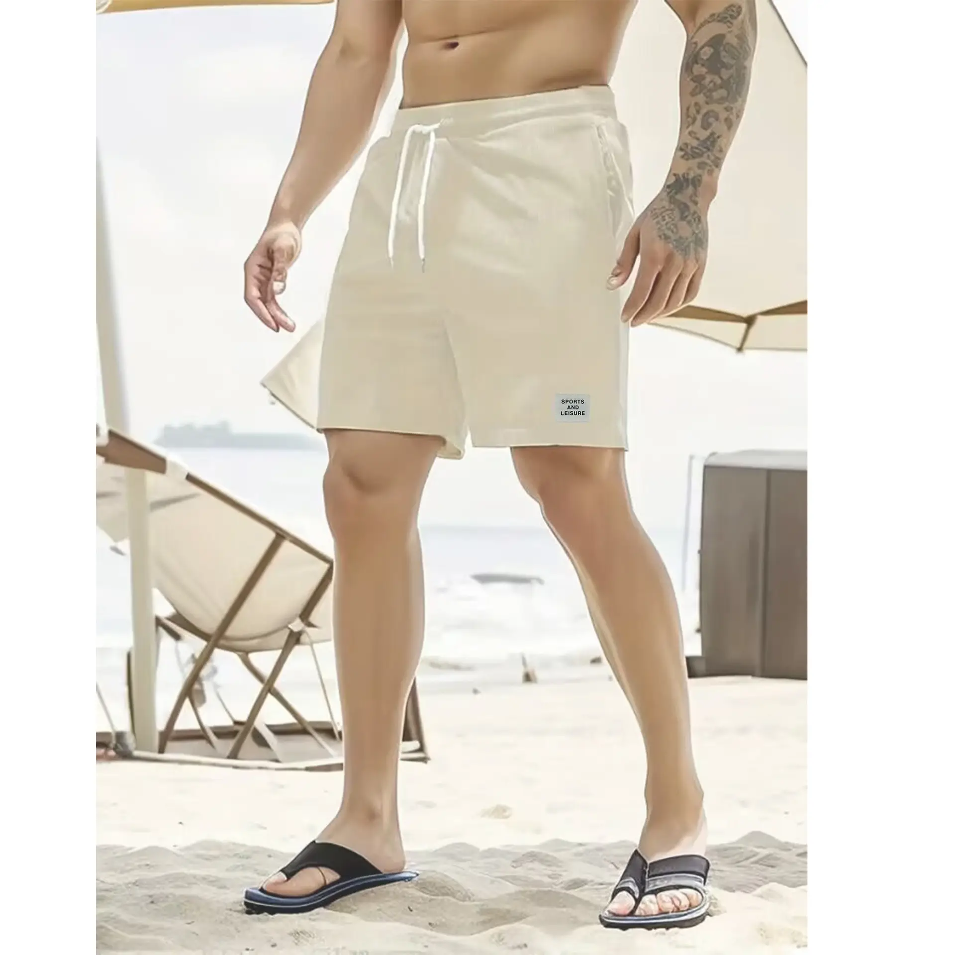 Men's Beige Lace-up Shorts with Drawstring Waist — feature 41