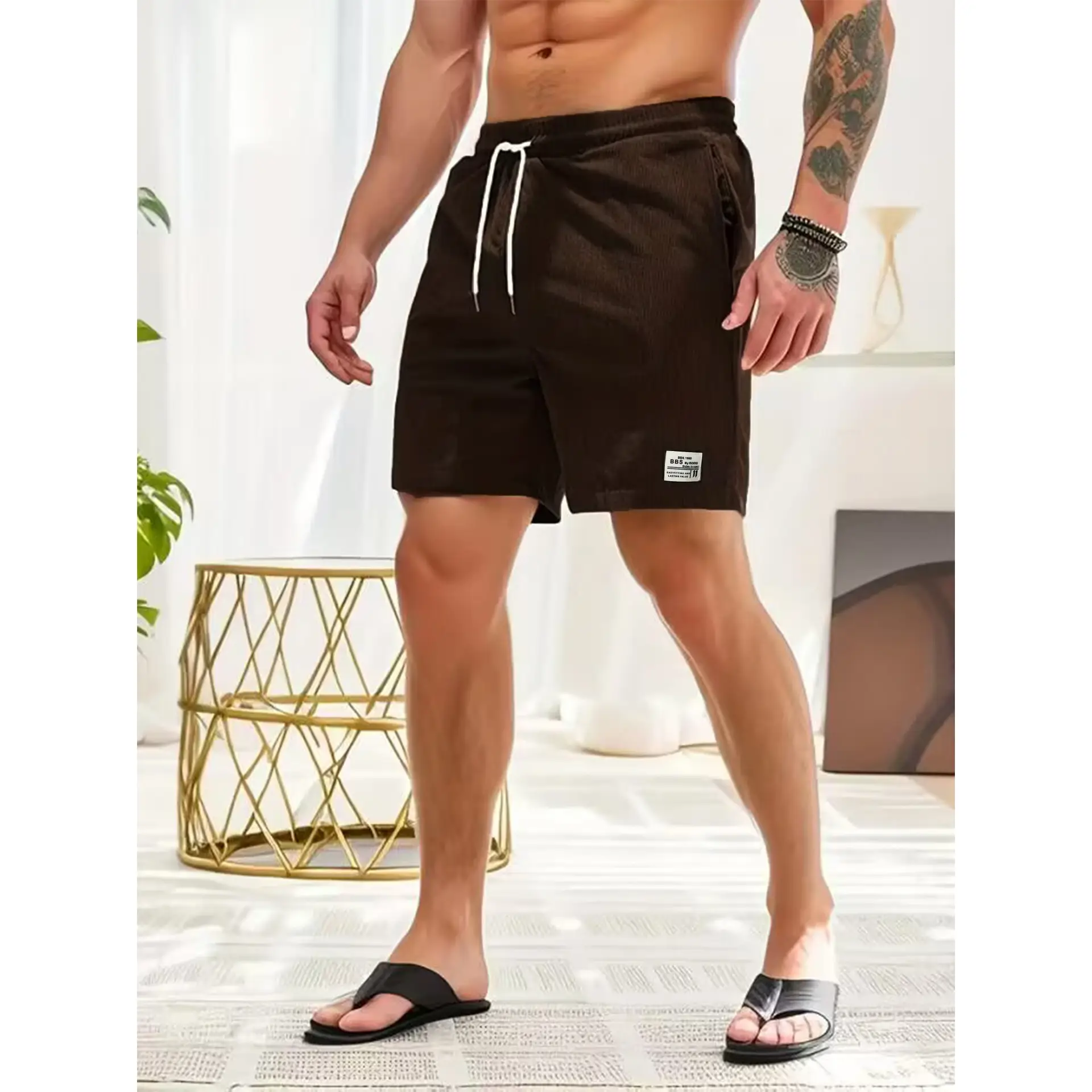 Men's Beige Lace-up Shorts with Drawstring Waist — feature 46