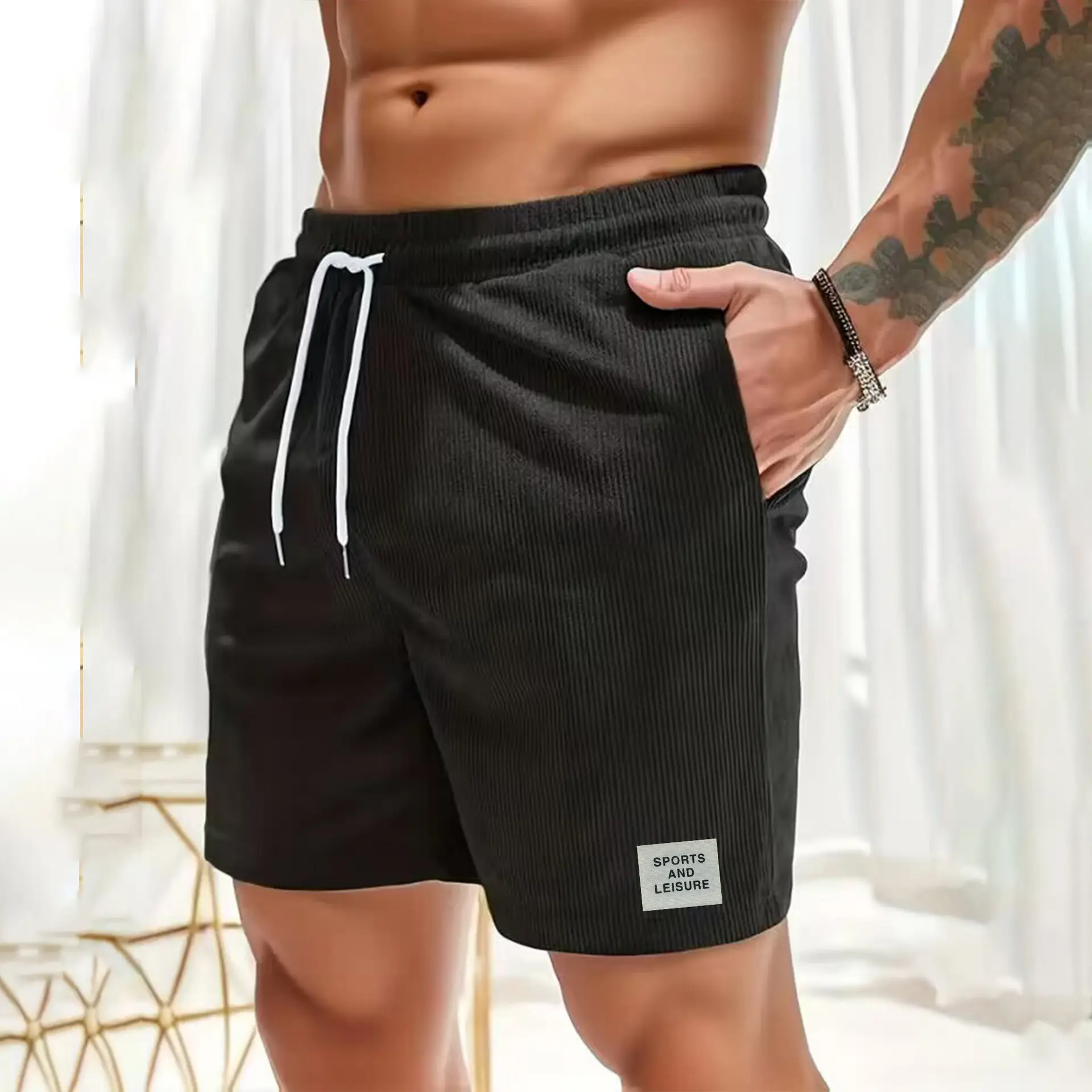Men's Beige Lace-up Shorts with Drawstring Waist