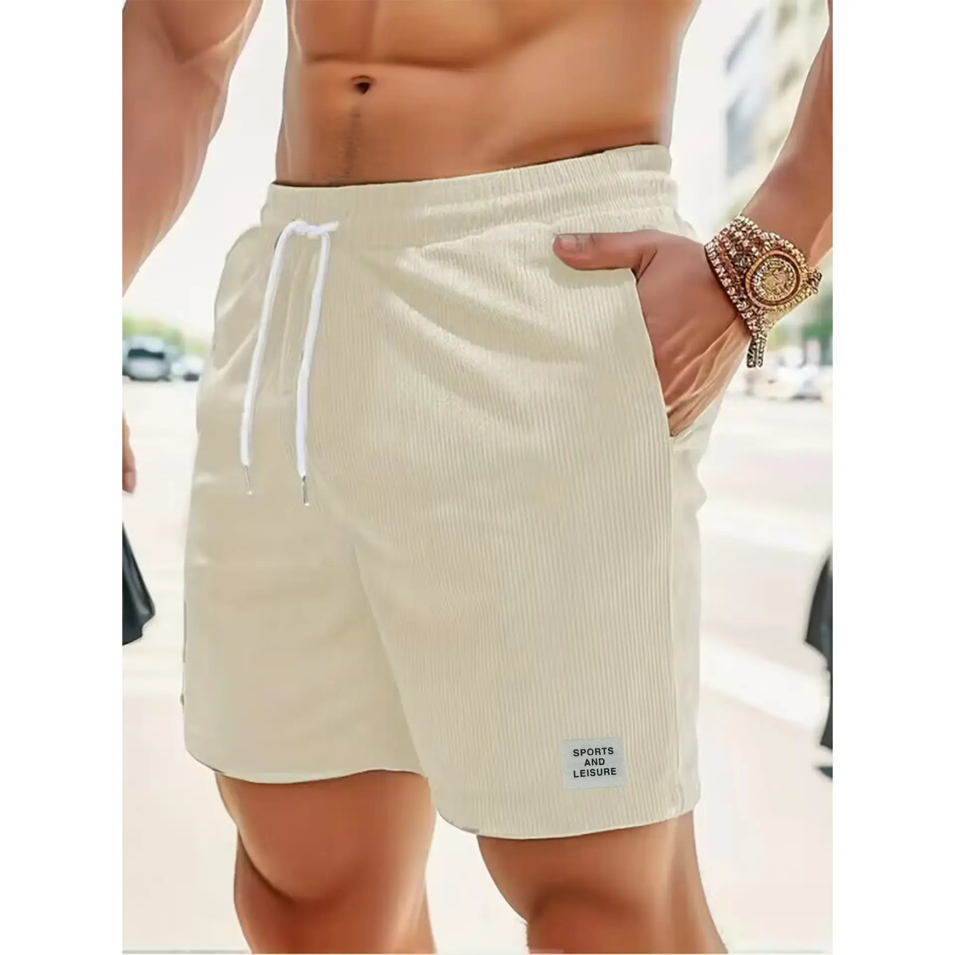 Men's Beige Lace-up Shorts with Drawstring Waist