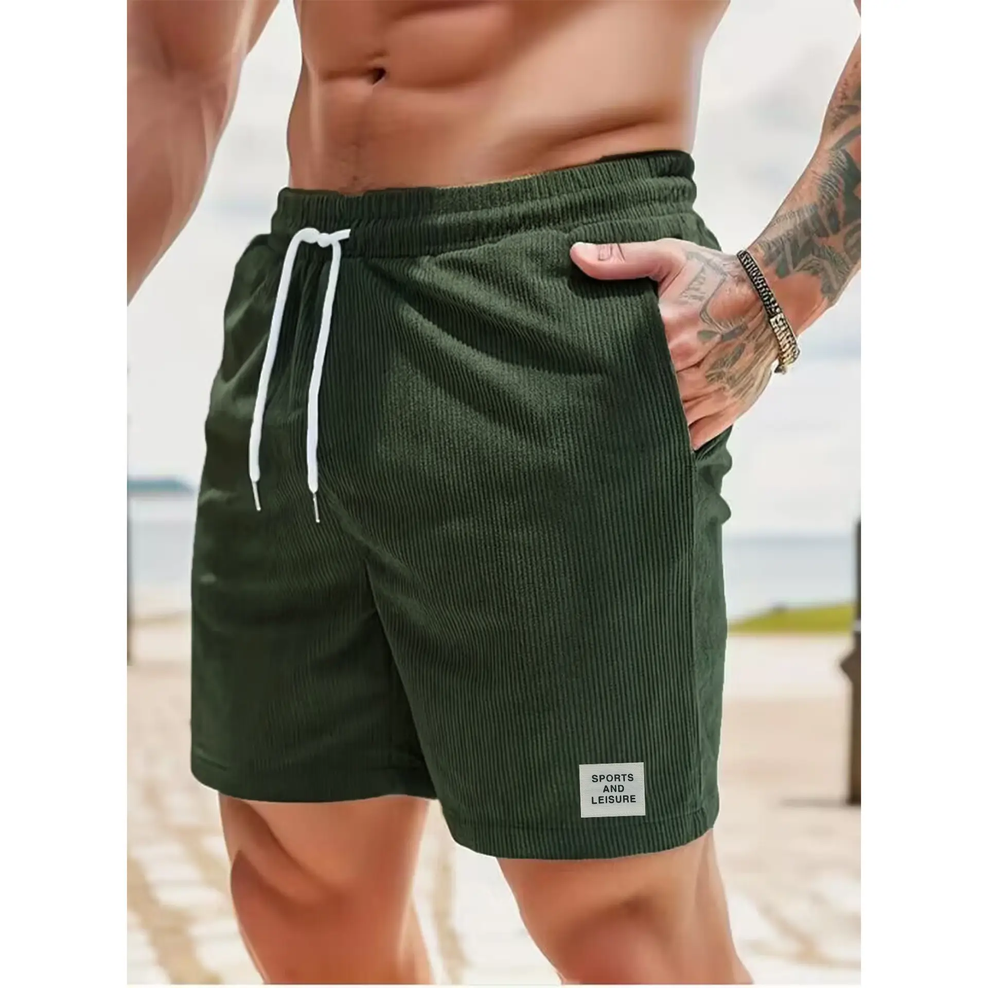 Men's Beige Lace-up Shorts with Drawstring Waist