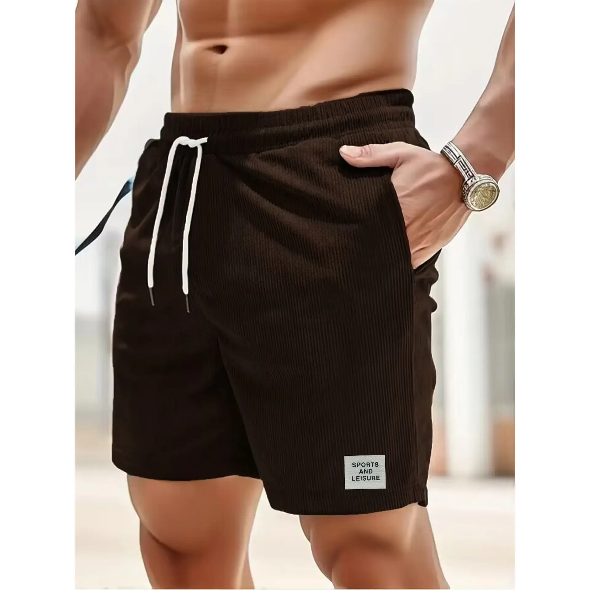Men's Beige Lace-up Shorts with Drawstring Waist