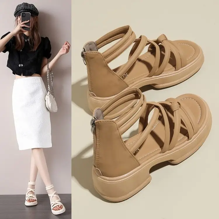 Sandals Women's Summer Outer Wear 2024 New Thick Sole Roman Shoes Fairy Style Dress Thick Heel Beach Sandals - Image 7