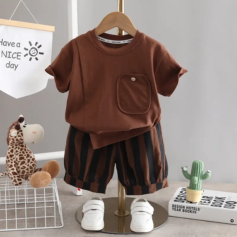 Boys T-Shirt Shorts Set Brown Striped 2024 Summer - Image 4