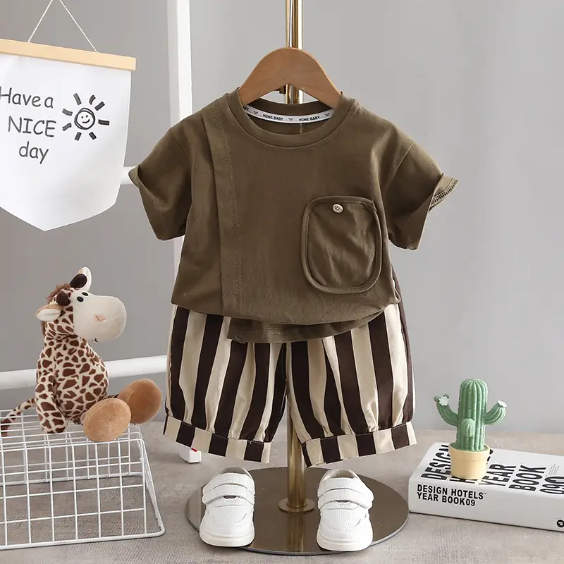 Boys T-Shirt Shorts Set Brown Striped 2024 Summer - Image 5