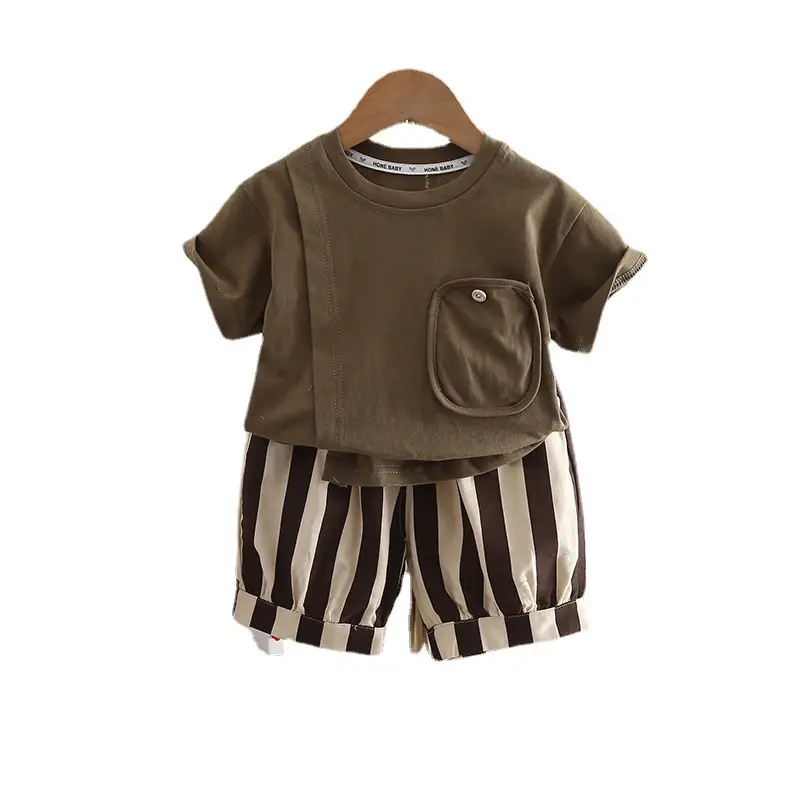 Boys T-Shirt Shorts Set Brown Striped 2024 Summer - Image 7