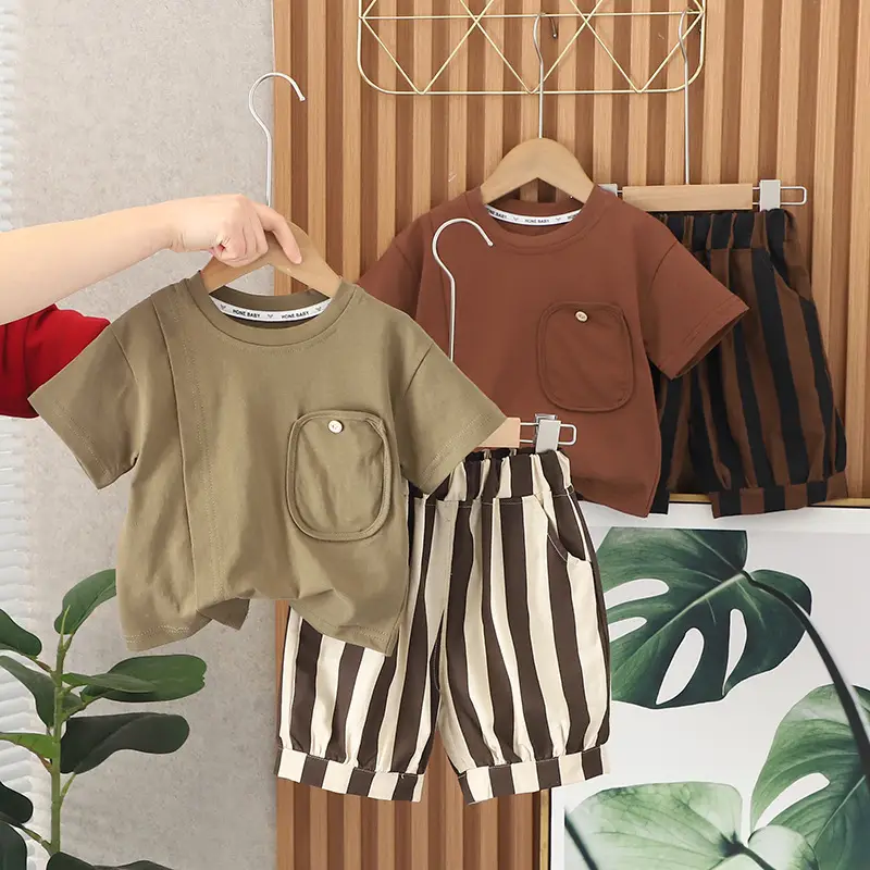 Boys T-Shirt Shorts Set Brown Striped 2024 Summer — feature 1