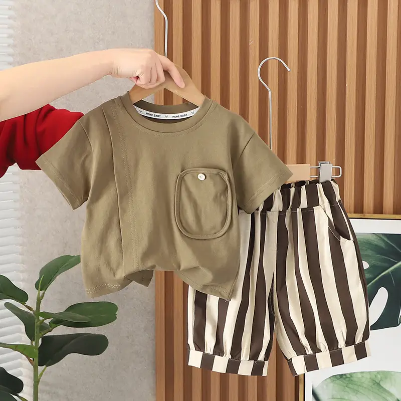 Boys T-Shirt Shorts Set Brown Striped 2024 Summer — feature 2