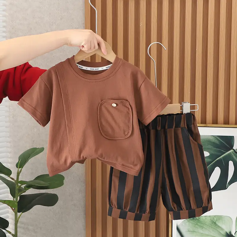 Boys T-Shirt Shorts Set Brown Striped 2024 Summer — feature 3