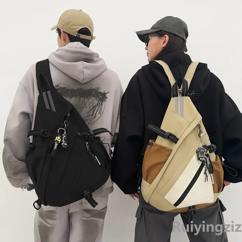 College Student Travel Backpack Black Beige Multi Zip - Image 7