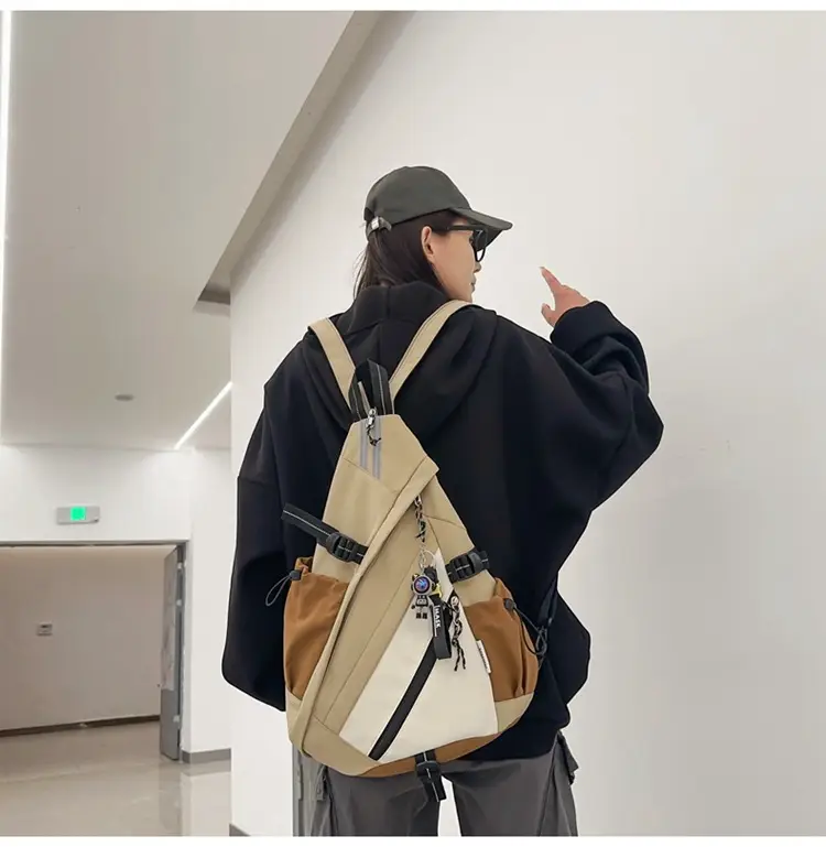College Student Travel Backpack Black Beige Multi Zip — feature 12