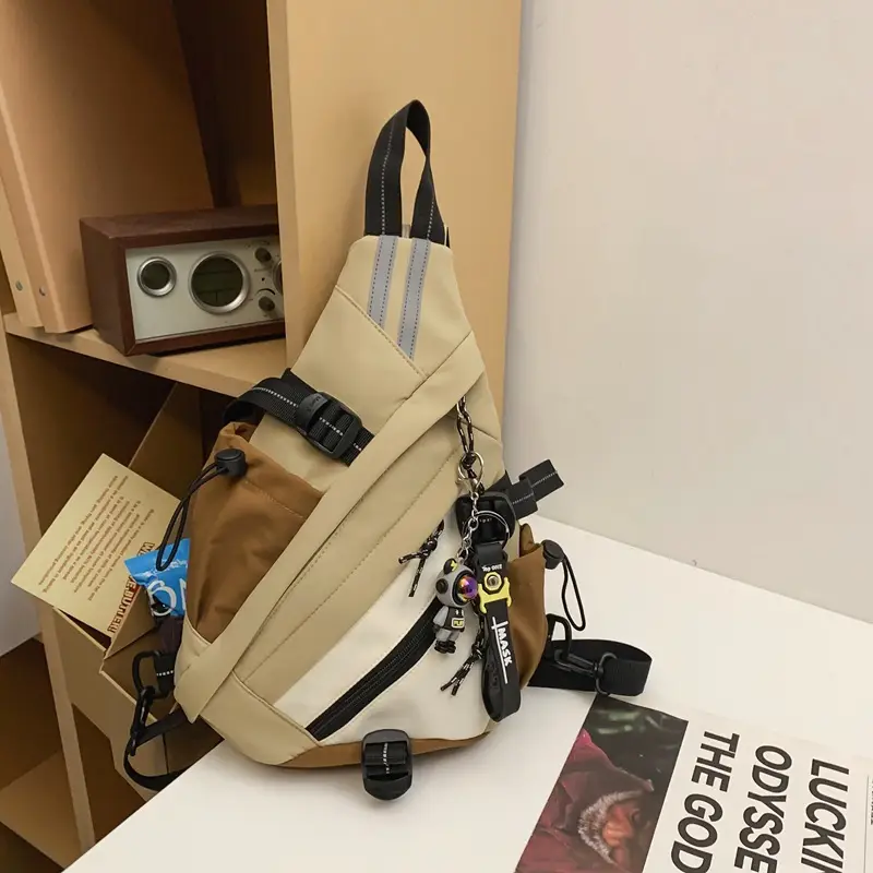 College Student Travel Backpack Black Beige Multi Zip - Image 3