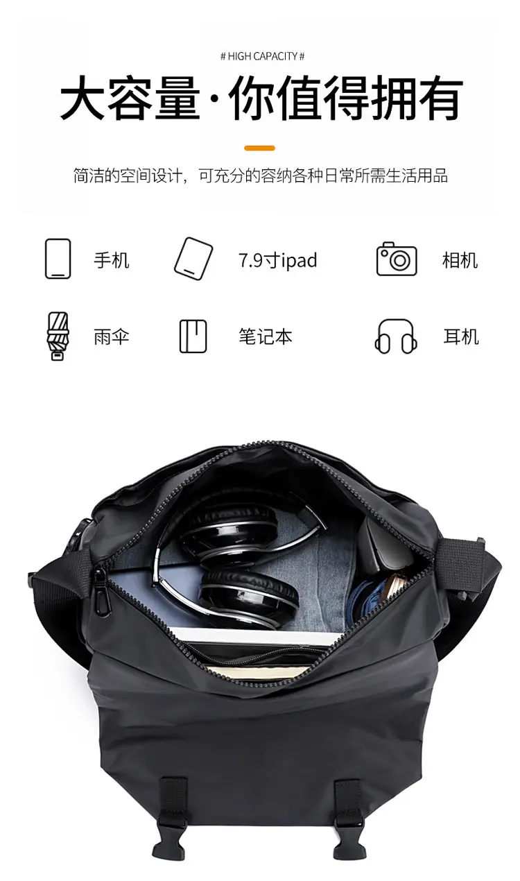 Men's Water Resistant Crossbody Bag Black Oxford Cloth — feature 6