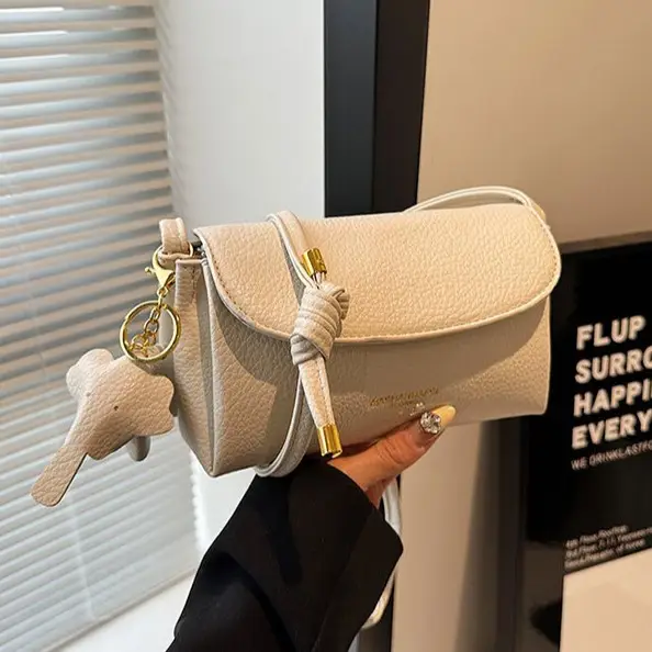 Women's Beige Shoulder Messenger Bag with Cat Head Charm - Image 8