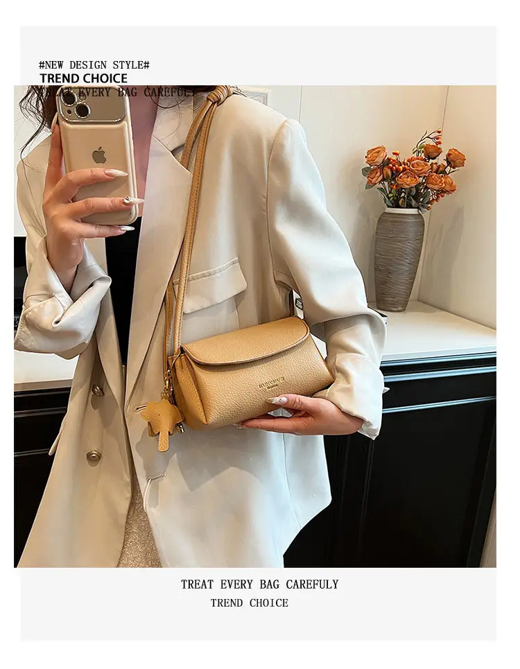 Women's Beige Shoulder Messenger Bag with Cat Head Charm — feature 6