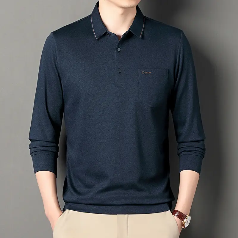 Middle-Aged Men's Black Long Sleeve Knitted T-Shirt - Image 2