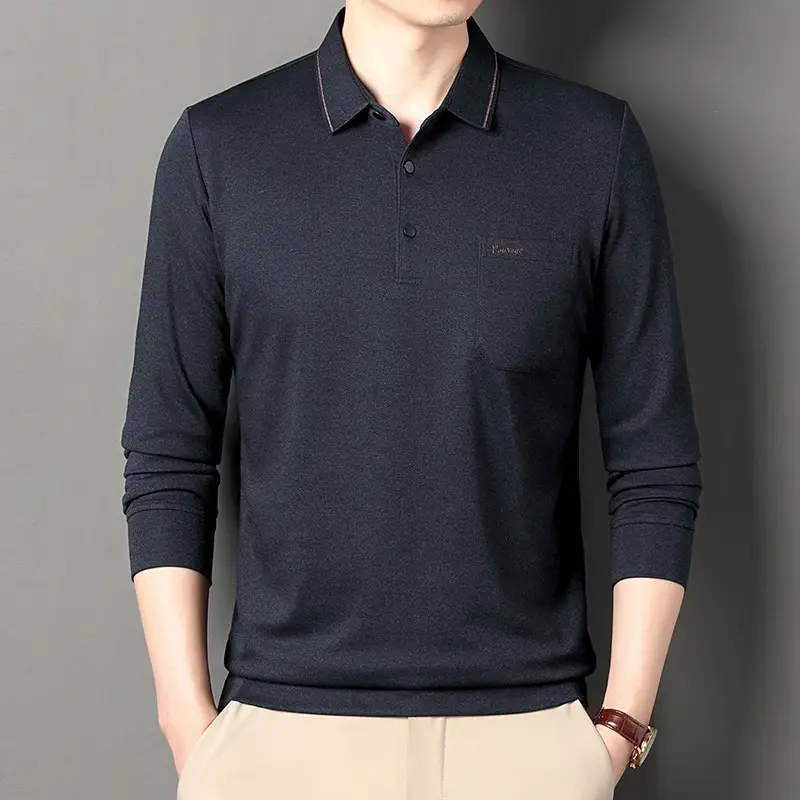 Middle-Aged Men's Black Long Sleeve Knitted T-Shirt - Image 3