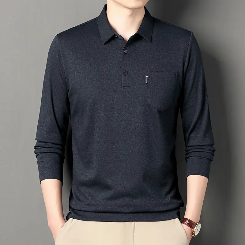 Middle-Aged Men's Black Long Sleeve Knitted T-Shirt - Image 6