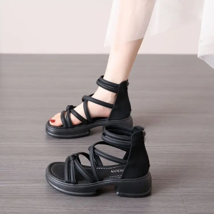 Sandals Women's Summer Outer Wear 2024 New Thick Sole Roman Shoes Fairy Style Dress Thick Heel Beach Sandals - Image 5