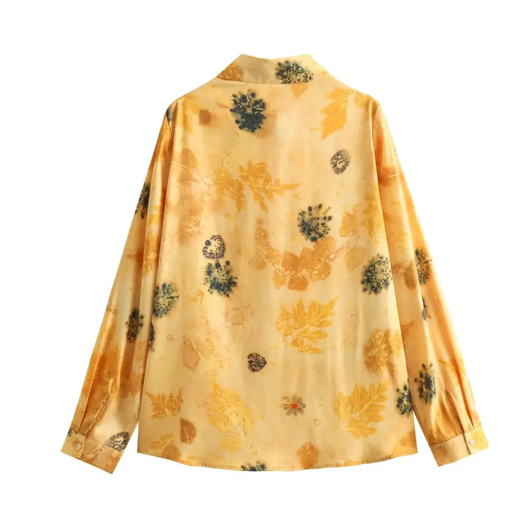 10303-spring new women's European and American style lapel silk satin texture printed shirt casual pants suit